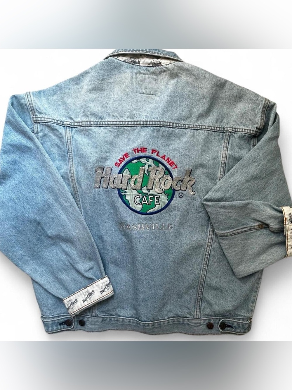 Hard Rock Cafe Light Blue Denim Jacket with Green Globe Embroidery